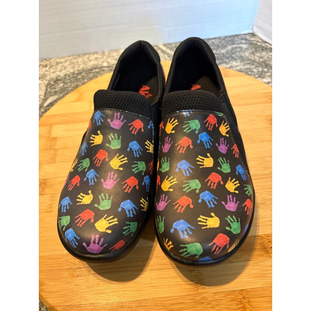 Alegria  SlipOn Shoes Womens 37 Black Multi Color Handprint Slip‎ Resistant